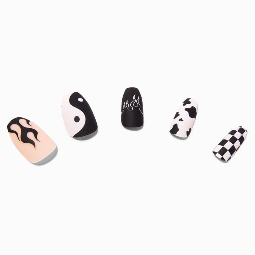 NIB NEW Claire’s Vegan Coffin Nails Yin-Yang, Cow Print & Flames 24pk w/glue